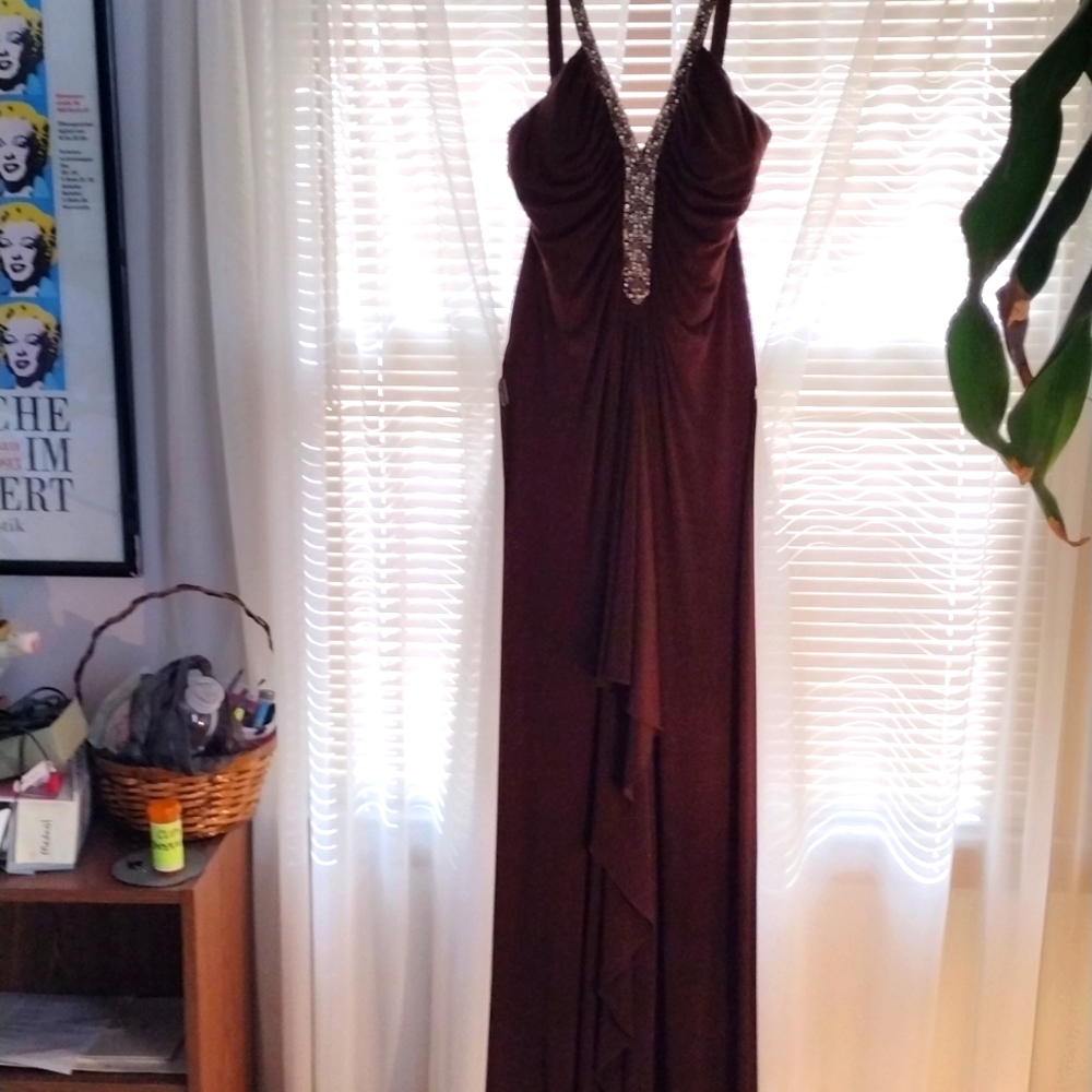 JS Boutique long strappy dress with shawl. Size 10. Warm chocolate brown.